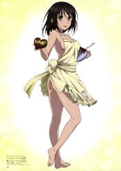 10s 1girls :p absurd_res apron ass barefoot black_hair candy chocolate chocolate_heart feet female_focus food from_side full_body heart highres himeragi_yukina mixing_bowl naked_apron official_art sano_keiichi simple_background solo strike_the_blood toes tongue tongue_out valentine's_day