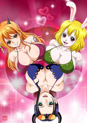 3girls beast_pirates beast_pirates_(cosplay) big_breasts black_hair blonde_hair blue_eyes bra breasts brown_eyes bunny_ears bunny_humanoid carrot_(one_piece) female female_only furry happy horn horns huge_breasts large_breasts long_hair looking_at_viewer nami nami_(one_piece) nico_robin nipples one_piece open_mouth orange_hair post-timeskip purple_eyes raida_(j5einmnjp3r49k6) short_hair shounen_jump smile sunglasses_on_head wano_country yellow_hair