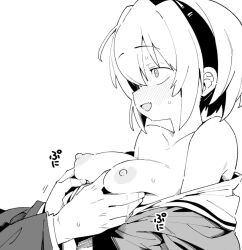 1boy 1girl blush breast_lift breasts breasts_out commentary fang from_side full-face_blush grabbing_another's_breast greyscale groping hairband henyaan_(oreizm) highres higurashi_no_naku_koro_ni houjou_satoko monochrome nipples profile raised_eyebrows shirt_down simple_background solo_focus sound_effects sweat upper_body upturned_eyes white_background