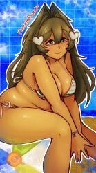 1girl absurdres artist_name ball_(object) beach beach_ball bikini borrowed_character breasts brown_eyes brown_hair cherry chubby cleavage closed_mouth compressed feet_out_of_frame food fruit hair_between_eyes hair_ornament heart heart-shaped_ornament heart_hair_ornament highres inflatable large_breasts long_hair looking_at_viewer ocean on_ball original original_character outline own_hands_clasped own_hands_together pixelatedsweet plump plump_breasts plump_thighs pool_toy purple_nails sand sitting sitting_on_ball sitting_on_beach_ball slightly_chubby smile smiling_at_viewer solo squish squishing summer swimsuit thick_thighs thighs white_outline