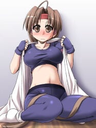 1girls big_breasts braid braided_ponytail brown_eyes brown_hair huge_breasts king_of_fighters leggings light-skinned_female light_skin pale-skinned_female pale_skin ponytail skin_tight tongpoo tonpuu undressing yuri_sakazaki