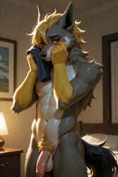 1boy ai_generated anthro_male black_eyes blonde blonde_hair canid dog_boy generation_3_pokemon gray_fur hybrid hybrid_pokemon hyena_boy male mightyena original_character pokemon pokemon_(species) scorpianpp self_upload spiky_hair stable_diffusion yellow_hair yellow_sclera