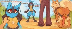absurd_res animal_genitalia animal_penis anthro anus arcanine biped blue_body blue_fur bodily_fluids butt canine_genitalia canine_penis english_text erection feral fingers frown fur generation_1_pokemon generation_4_pokemon genitals group hi_res human knot lucario male mammal nepentz nintendo penis pokemon pokemon_(species) quadruped question_mark rear_view red_eyes sheath sweat tail teeth text tongue trio