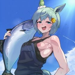 1girls 2d ai_generated animal animal_ears areola areola_slip areolae areolae_slip blue_eyes blue_sky blush breasts cloud day ear_covers female female_only fish flower green_hair hair_ornament hairclip holding holding_animal holding_fish horse_ears horse_girl horse_tail looking_at_viewer naked_overalls nipple_slip nipples open_mouth outdoors overalls seiun_sky_(umamusume) short_hair single_ear_cover sky sloppingslurpie small_breasts smile solo solo_female sweat sweatdrop tail tank_top umamusume umamusume_pretty_derby upper_body