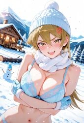 1girls ai_generated alexis_rhodes beanie blonde_hair bra female female_only long_hair looking_at_viewer snow solo solo_female tagme tenjouin_asuka underwear underwear_only winter yu-gi-oh!