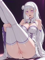 1girls ai_generated blunt_bangs blush emilia_(re:zero) hair_clips hair_ornament hair_ribbon long_hair medium_breasts patreon patreon_username re:zero_kara_hajimeru_isekai_seikatsu white_hair xzollosez