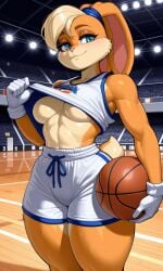 1girl 2026 ai_generated anthro basketball basketball_court basketball_uniform blonde_hair blue_eyes boobs bunny_ears bunny_girl bunny_tail crop_top fur furry indoors light_smile lola_bunny looney_tunes orange_fur pixai shirt_lift short_shorts shorts solo solo_female space_jam superdomfuta thick_thighs two-tone_fur underboob white_gloves