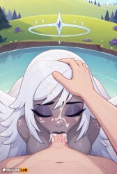 1boy 1boy1girl 1girls ai_generated angel angel_wings artist_name blowjob_focus blush breasts closed_eyes cum cum_in_mouth emily_(hazbin_hotel) eyeshadow facial feathered_wings fellatio female grey_skin halo hand_on_another's_head hazbin_hotel hetero hi_res long_hair makeup monster_girl nude oral outdoors penis pov rule34lab solo_focus uncensored water white_hair white_wings wings