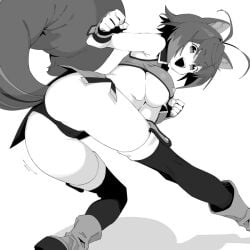 1girl ahoge animal_ears antenna_hair ass blazblue boots breasts clenched_hands commentary_request from_behind greyscale henyaan_(oreizm) highres large_breasts looking_at_viewer makoto_nanaya monochrome open_mouth panties short_hair simple_background smile solo squirrel_ears squirrel_girl squirrel_tail tail thighhighs underwear white_background