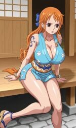 1girls ai_generated big_boobs big_breasts curvy curvy_female curvy_figure huge_breasts large_breasts light-skinned_female light_skin mature_female nami_(one_piece) one_piece one_piece_wano orange_hair shao145 shiny_skin solo solo_female