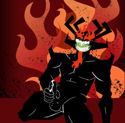 aku balls bodily_fluids cum demon erection facial_hair fire genital_fluids genitals goatee grin hi_res humanoid humanoid_genitalia humanoid_penis lodrawsfilth looking_at_viewer loveabigbot male male_only masturbation muscular penile penile_masturbation penis samurai_jack smile solo