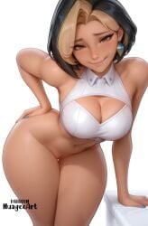 1girl ai_generated arm_support artist_name bare_shoulders black_hair blizzard_entertainment blonde_hair blue_nails blush bottomless breasts brown_eyes cleavage cleavage_cutout closed_mouth clothing_cutout crop_top dark-skinned_female dark_skin domina earrings hand_on_hip jewelry large_breasts leaning_forward lips looking_at_viewer mole mole_on_breast mole_under_eye multicolored_hair nail_polish navel nuageeart overwatch pussy questionable shirt short_hair simple_background sleeveless sleeveless_shirt smile solo thighs two-tone_hair white_background white_shirt