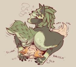 ambiguous_gender anal anthro anthrofied arcanine big_butt blue_eyes butt canid canine canis duo ear_piercing ear_ring facesitting fluffy fluffy_tail fur generation_1_pokemon grey_body grey_fur huge_butt link_(wolf_form) male male/ambiguous male/male mammal nintendo oral pawpads piercing pokemon pokemon_(species) rimming ring_piercing scarf_(artist) sex sitting sitting_on_another tail the_legend_of_zelda wolf