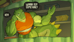 absurd_res anthro arm_support big_muscles bottomless clothed clothing crocodile crocodilian dialogue digital_media_(artwork) dilly_(lil_gator_game) english_text genitals green_body green_penis green_scales hi_res leaning_on_elbow lil_gator_game looking_at_viewer male mixterart muscular muscular_arms open_hand orange_clothing orange_topwear penis reptile safety_vest scales scalie solo speech_bubble spiked_tail spikes spikes_(anatomy) store tail talking_to_viewer text thick_tail topwear vein veiny_penis vendor vest yellow_spikes
