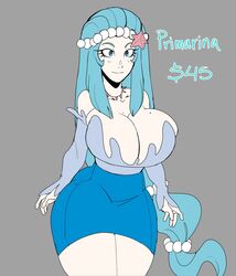 1girls anthro bare_thighs big_breasts blue_eyes blue_hair bluueygooey breasts cleavage curvy female huge_breasts long_hair mole mole_on_breast personification pokemon primarina skirt smile solo thick_thighs thighs very_long_hair voluptuous wide_hips