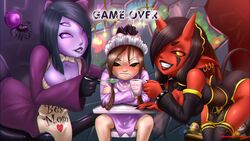 3girls carol_(onirism) demon demon_girl emily_(onirism) feeding female horns nonude onirism ruthlesspeasant spider_girl video_games