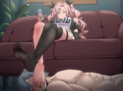 animated_gif asymmetrical_legwear barefoot clothed_female_nude_male feet feet_on_face femdom looking_at_phone looping_animation nail_polish nicole_demara painted_nails painted_toenails pantyhose sitting smell soles steam tagme thighhighs toes zenkuro zenless_zone_zero