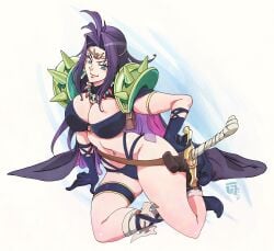 1girl absurdres armor artist_request ass big_ass big_breasts black_cape blue_eyes boots cape earrings from_behind high_heel_boots high_heels highres jewelry long_hair looking_at_viewer naga_the_serpent shoulder_armor simple_background slayers solo white_background