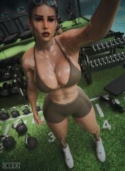 1girls dumbells female_only kisxsfm lara_croft muscular_female tomb_raider toned_female weights workout workout_clothes
