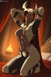 1girl abs ai_generated armor arms_behind_head arms_up artist_name bed belt blush breasts brown_hair cape curtains dark-skinned_female dark_skin digitalwaifugallery elf fire hi_res high_quality high_resolution indoors janai_(the_dragon_prince) kneeling large_breasts long_hair looking_at_viewer muscular muscular_female navel netflix on_bed patreon patreon_username pillow pointy_ears red_hair seductive sexy solo toned uncensored watermark yellow_eyes