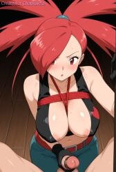 1girl ai_generated balls balls_grab breasts caressing_balls caressing_testicles cleavage cock_ring crop_top femdom flannery_(pokemon) forced_perspective gloved_handjob handjob huge_breasts huge_cock large_areolae large_breasts large_penis male penis perspective pov rope rope_bondage submissive_male testicles