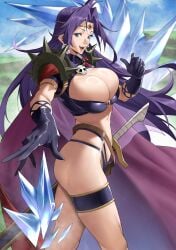 1girl abs absurdres armor bikini bikini_armor blue_eyes breasts circlet commentary curtained_hair earrings from_side gloves highleg highleg_bikini highres ice jewelry large_breasts long_hair looking_at_viewer naga_the_serpent necklace open_mouth outstretched_arm pauldrons purple_hair shoulder_armor shoulder_spikes skull_necklace sky slayers solo spiked_pauldrons spikes swimsuit sword very_long_hair weapon yoshio_(55level)