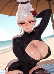 1girl 2026 ai_generated anime arm_behind_head ayase_seiko beach black_dress black_thighhighs boobs breasts brown_eyes cleavage cleavage_cutout clothing_cutout crossover dandadan day dress earrings female female_focus flower glasses hair_accessory hair_bun hair_flower hair_ornament highres hoop_earrings huge_breasts jewelry large_breasts lips long_sleeves nsfw ocean outdoors patreon red_flower rognezart rose shiny shiny_clothes shiny_skin single_hair_bun sitting sky smile smiling solo thighhighs umbrella white_hair