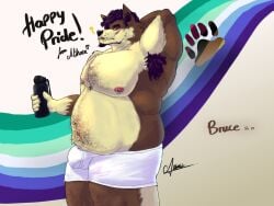 4:3 anthro areola arm_hair armpit_hair barazoku beard belly belly_hair biped body_hair bruce_(althaea) bulge canid canine canis chest_hair clothed clothing confusion detailed_bulge facial_hair hairy hi_res lgbt_pride lgbt_pride_month male male_anthro mammal musclegut muscular muscular_arms nipple_piercing nipple_ring nipples overweight overweight_anthro overweight_male partially_clothed pecs piercing pride_color_background pride_color_flag pride_colors ring_piercing scar simple_background solo standing tired_eyes topless topless_anthro topless_male vincian_pride_colors wolf