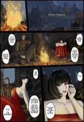 1boy 1girls campfire commission crown dialogue elden_ring fromsoftware iiimp night original_character red_dress red_lipstick short_hair tarnished tarnished_(elden_ring) tarnished_female
