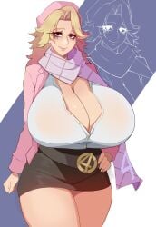 blonde_hair blue_eyes breasts breasts_bigger_than_head cleavage cleavage_window female female_only hand_on_hip huge_breasts invisible_woman invisible_woman_(marvel_rivals) invisible_woman_(riann_landau:_the_debater) marvel marvel_rivals ringo_draws smiling_at_viewer sue_storm thick_thighs tight_clothing