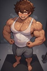 1boy ai_generated blush brown_hair bulge bulge_through_clothing dark-skinned_male feet flexing muscular_arms muscular_male pecs penis_visible_through_clothing smiling tank_top