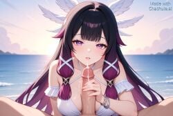 1boy 1boy1girl 1girls ai_generated bracelet breasts columbina_(genshin_impact) cum day dress ejaculation erection genshin_impact handjob jewelry lips looking_at_viewer male ocean outdoors parted_lips penis pov projectile_cum solo_focus straight veins water