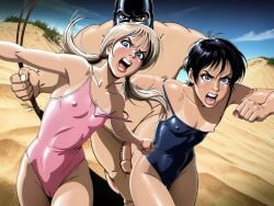 2girls1boy ai_assisted ai_generated gary_roberts nude_male panicking running swimsuit