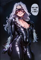1boy 2026 2d absurd_res absurd_resolution absurdres ai_generated black_bodysuit black_cat_(marvel) blue_eyes bodysuit bulge choker collar collarbone covered_penis domino_mask english_text felicia_hardy fur_trim genderswap genderswap_(ftm) grin hi_res high_quality high_resolution highres image latex long_hair looking_at_viewer maddogai makeup male_focus marvel marvel_comics marvel_rivals mask nipples otoko_no_ko patreon patreon_username pectorals sharp_teeth shiny_clothes shiny_skin skin_tight smile solo speech_bubble spider-man_(series) sweat sweatdrop sweating sweaty sweaty_body teeth uncensured watermark wet wet_body white_hair