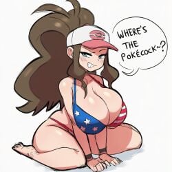 1girl 1girls ai_generated american_flag_bikini asking_for_sex ass bangs bikini blue_eyes breasts brown_hair cap cleavage cold_shrike curvy female flag_bikini flag_print game_freak hat hilda_(pokemon) human human_only long_hair looking_at_viewer nintendo novelai on_knees pokemon ponytail self_upload simple_background smile smirk smug sole_female solo solo_female talking talking_to_viewer text text_bubble thick_thighs thighs white_background wristband