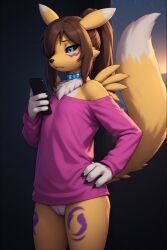 ai_generated anthro black_sclera blue_eyes bottomwear brown_hair digimon female furry hair_over_one_eye hand_on_hip phone ponytail pussy renamon yellow_body young
