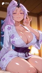 1girl 1girls absurd_res absurdres ai_generated ass big_ass big_breasts black_horns blurred_background blurry blurry_background blush breasts cartoon cartoony cleavage collarbone depth_of_field fellatio_gesture female female_focus floral_print half-closed_eyes heart heart-shaped_pupils hi_res high_ponytail high_quality high_resolution highres huge_breasts indoors japanese_clothes kimono large_ass large_breasts lips long_hair long_sleeves looking_at_viewer naughty_face night obi odexai ok_sign oni parted_bangs parted_lips patreon ponytail print_kimono purple_eyes purple_hair saliva sash shiny_skin shion_(tensei_shitara_slime_datta_ken) sitting small_waist smile solo solo_focus straight symbol-shaped_pupils tensei_shitara_slime_datta_ken that_time_i_got_reincarnated_as_a_slime thick_thighs thighs thin_waist white_kimono wide_hips wide_sleeves yukata
