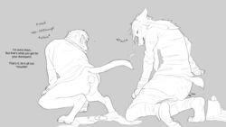 16:9 baggy_clothing canid canine canis clothing dialogue domestic_dog duo feces feral hi_res human jager-darklite male male/male mammal monochrome scat scat school school_uniform soiling_underwear species_transformation torn_clothing transformation uniform widescreen