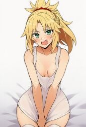 blonde_female blonde_hair green_eyes licking_lips looking_at_viewer mordred_(fate) mordred_(fate)_(all) mordred_(fate/apocrypha) ponytail small_breasts smiling_at_viewer spread_legs spread_pussy spreading stockings stockings_only thighs thighs_high tongue uncensored uncensored_breasts uncensored_nipples uncensored_pussy uncensored_vagina