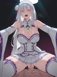 1girls ai_generated blunt_bangs blush emilia_(re:zero) hair_clips hair_ornament hair_ribbon long_hair medium_breasts patreon patreon_username re:zero_kara_hajimeru_isekai_seikatsu white_hair xzollosez