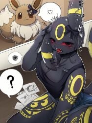 3:4 anthro anthrofied biped black_body black_fur breasts brown_body brown_fur clothing drawing_(object) drawing_in_a_drawing ear_piercing eevee eeveelution facial_piercing female feral fur generation_1_pokemon generation_2_pokemon hi_res mammal mimideu64931 nintendo open_mouth penis_drawing piercing pokemon pokemon_(species) quadruped red_eyes ribbons ring_piercing solo speech_bubble tail tail_motion tailwag umbreon