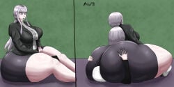 1girls anhur98 ass big_breasts bottom_heavy breasts danganronpa danganronpa:_trigger_happy_havoc danganronpa_1 facesitting fat_ass female grabbing grabbing_ass hands_on_ass huge_ass kirigiri_kyouko massive_ass mouth_open pink_eyes ponytail thick_thighs thighs