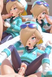 1boy 1girl ai_generated backwards_hat blonde_hair blue_eyes boots cum cum_in_pussy earrings hat inside jacket leggings multiple_views open_mouth penis_grab princess_rosalina sunglasses_on_head super_mario_bros. super_mario_galaxy tongue_out v_sign