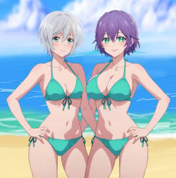 2girls arms_behind_back bare_legs bare_shoulders beach blue_eyes blushing cleavage green_bikini green_eyes kikuchi_fuuka large_breasts looking_at_viewer medium_breasts segawa_hiro short_hair silver_hair smile standing string_bikini