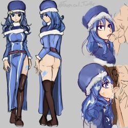 1boys 1girls clothed_female cum_on_face fairy_tail fairy_tail_mark fellatio juvia_lockser lifting_skirt multiple_poses no_panties showing_ass thigh_high_boots tropic_turtle