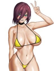 1girls 79310no beach big_breasts bikini black_hair blush breasts chainsaw_man choker cleavage colored eye_contact female female_only green_hair kaf3art large_breasts looking_at_viewer micro_bikini peace_sign revealing_clothes reze_(chainsaw_man) skimpy_clothes solo standing thick_thighs thighs