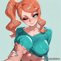 1boy 1girl 2026 ;) ai_generated anime aqua_eyes aqua_nails blush boobs breast_grab breasts cleavage closed_mouth collarbone covered_nipples crop_top crossover eye_contact eyelashes female female_focus flushed grabbing green_eyes green_nails guided_breast_grab guiding_hand hair_accessory hair_ornament heart heart_hair_ornament hetero highres huge_breasts large_breasts long_hair long_sleeves looking_at_viewer male midriff nail_polish navel neutral_expression nintendo nsfw one_eye_closed orange_hair patreon patreon_username pokemon pokemon_ss pov ribbed_shirt rognezart side_ponytail simple_background smile smiling solo solo_focus sonia_(pokemon) straight upper_body veins very_long_hair watermark web_address