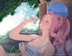 artist_name blurry blurry_foreground blush bottle breasts cleavage closed_eyes clothes_pull clothing day drinking feca_shield female female_only food-themed_hair_ornament food_themed_hair_ornament grass hair_ornament hair_pulled_back hairclip high_resolution horns large_filesize medium_breasts medium_hair on_head oni_horns outdoors pink_hair ponytail rainbow rimuru_tempest sarashi scrunchie shirt shirt_pull shuna_(tensei_shitara_slime_datta_ken) signature sitting sleeveless slime_(substance) solo strawberry_hair_ornament sunlight sweat sweatdrop tagme tank_top tensei_shitara_slime_datta_ken tied_hair tree upper_body very_high_resolution water_bottle watermark web_address white_shirt white_tank_top