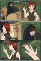black_clothing brown_clothing brown_fur brown_hair dialogue drooling equine_anus equine_penis faceless_male female_human flies flies_around_ass flies_for_smell green_eyes hands_to_hooves horse horse_penis human jenna_(wolvesatyourdoor) male_feral male_human outdoors red_hair stallion sweaty_anus sweaty_butt transformation wolfkai93