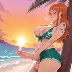 1futa ai_generated beach bikini bikini_top_only blush breasts cloud erection futanari futanari_masturbation green_bikini huge_penis large_breasts large_penis long_hair masturbation nami_(one_piece) navel nipples ocean one_piece orange_hair outdoors palm_tree penis saliva short_shorts shorts sky smile solo sunset swimsuit tattoo testicles tree uncensored veins veiny_penis zeroofhearts